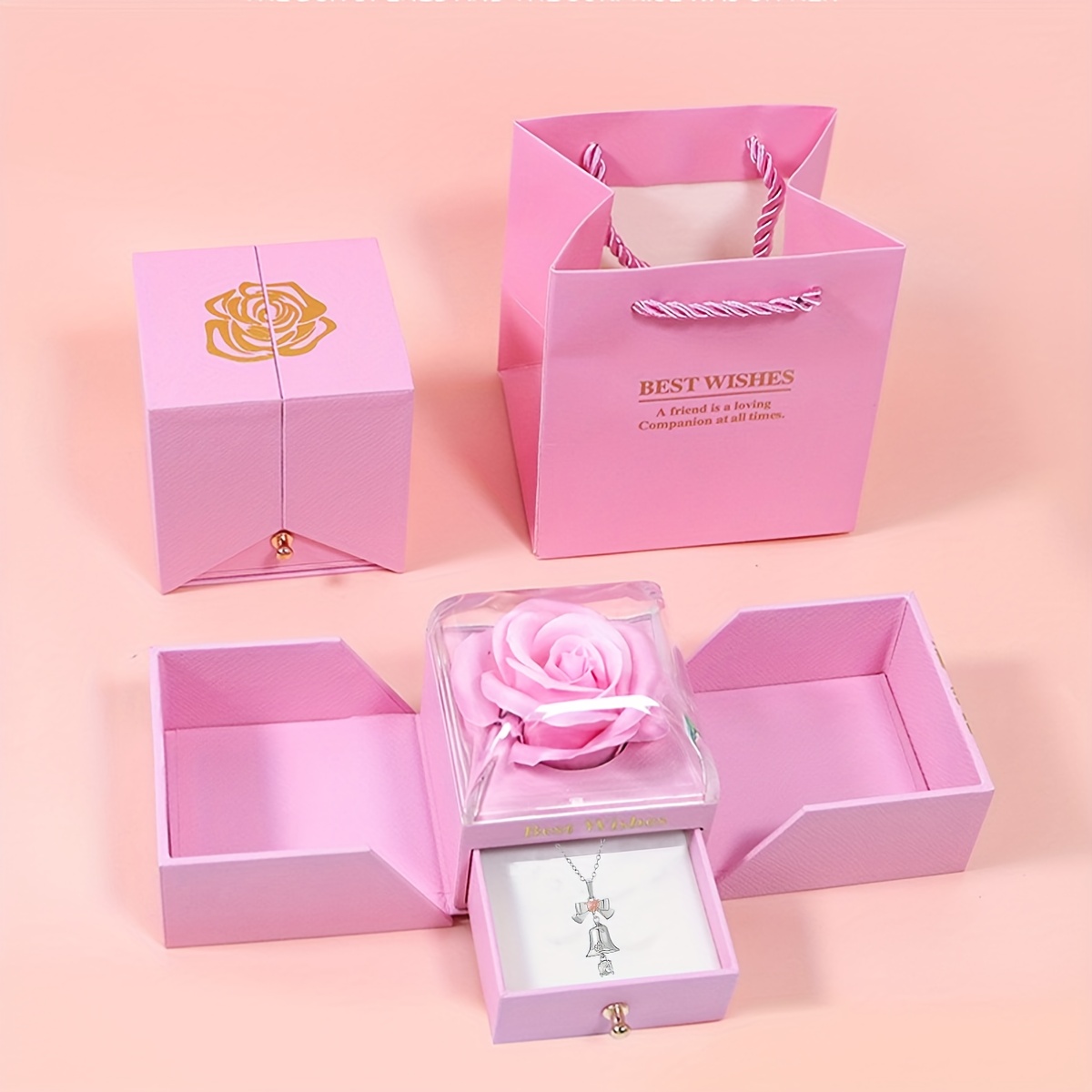 Women's Rose Flower Necklace with Bell and Bow Pendant